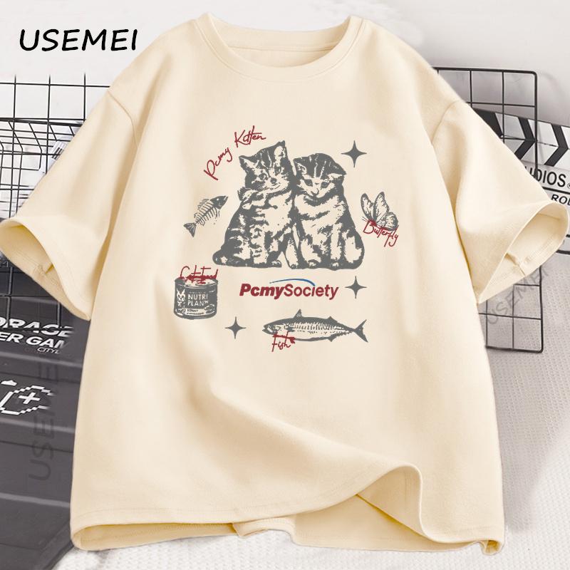 Funny Vintage Cat Fish Graphic T Shirt Harajuku Cotton Short Sleeve Loose Tshirt Summer Unisex Unisex High Quality O Neck Clothes