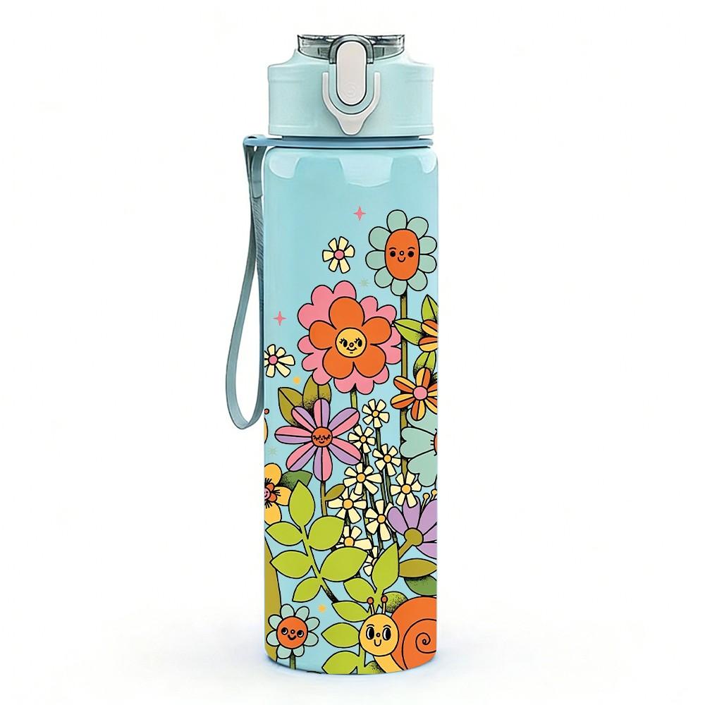 1PC Boho Wild Flower Art 750ml Color Plastic Sports Water Bottle Leakproof Flip Straw Lid Suitable for Sports Office Home Use