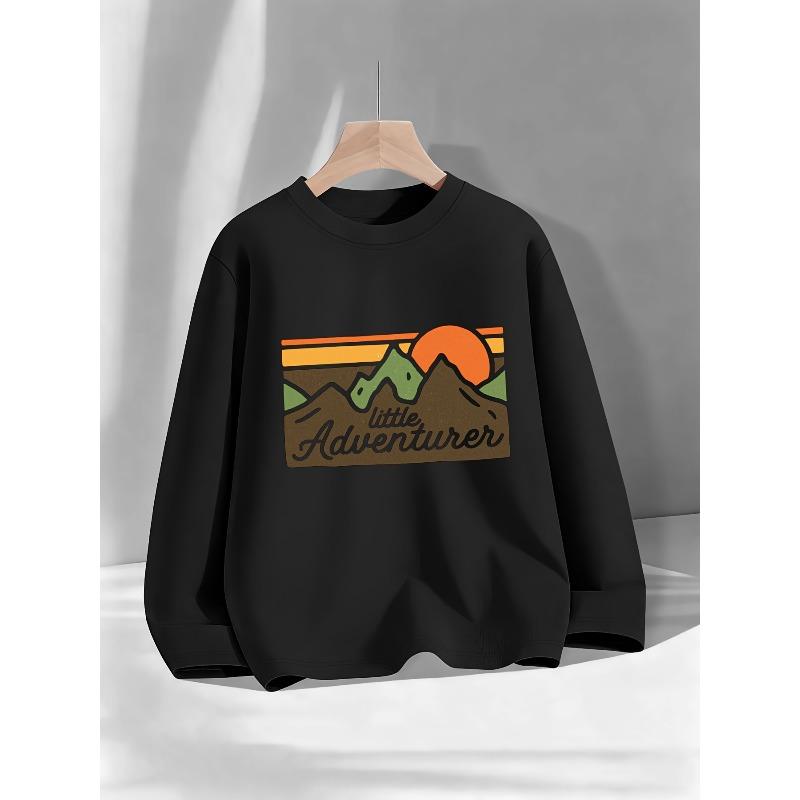 Cotton Kids Sweatshirt with Mountain & Tree Print - Little Adventurer Logo, Outdoor-Themed Casual Top ,Soft Round Neck Sweatshirt (Spring/Fall)