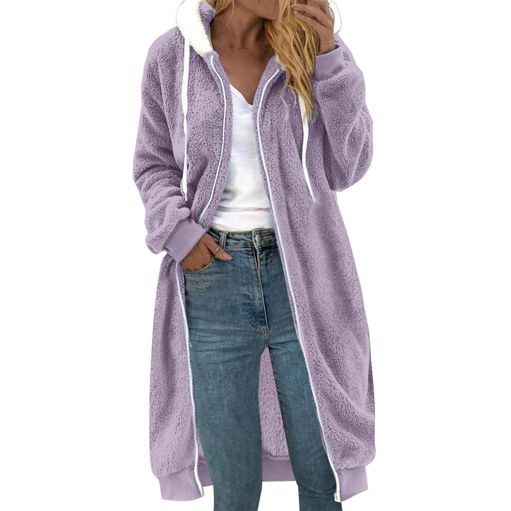 Ladies' Loose Comfortable Casual And Fashionable V-neck Long Sleeved Medium To Long Double-sided Plush Hooded Jacket