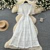 Abito Midi Elegante da Donna con Ricami in Pizzo, Manica Corta, Vita Alta, Linea ad A, Estivo, Casual, da Festa, per Matrimonio, da Vacanza, da Spiaggia