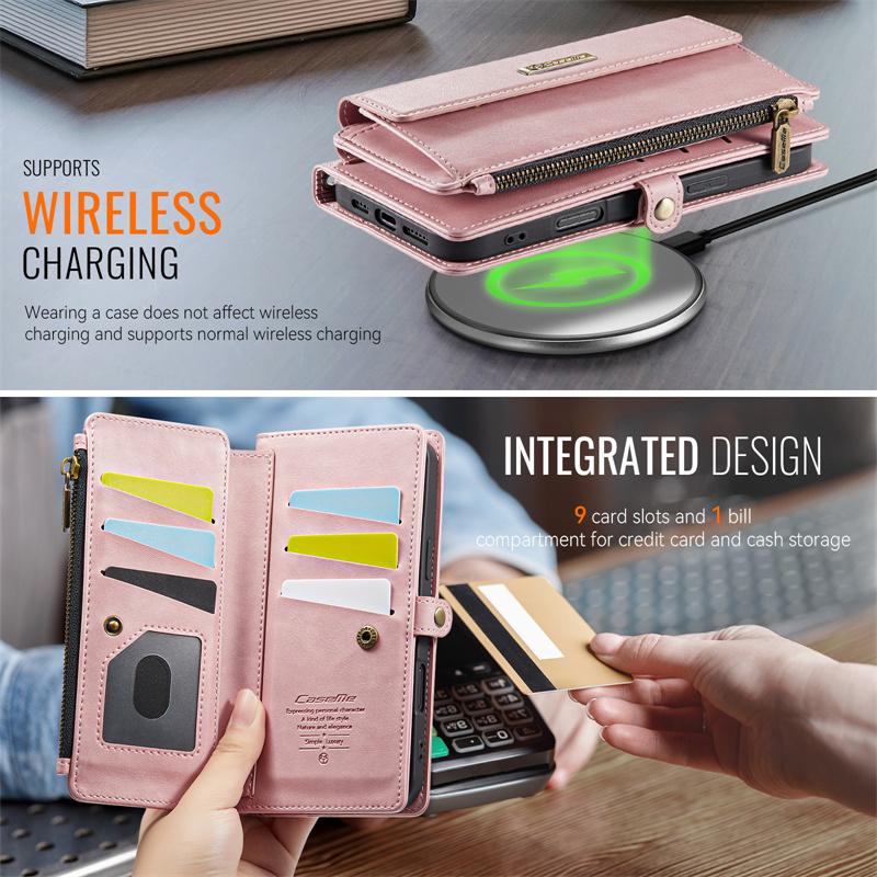 CaseMe Flip Leather Phone Case for iPhone 17 Pro Max 17E Air 16 Plus 16E 15 14 13 12 11 X XS XR SE 2022 8 Long Lanyard Zipper Wallet Multi Card Cover