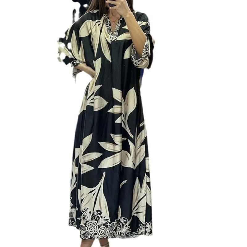 European and American Women clothes V-neck Print Loose Casual Long sleeve dress Printed Loose Casual Casual Dress