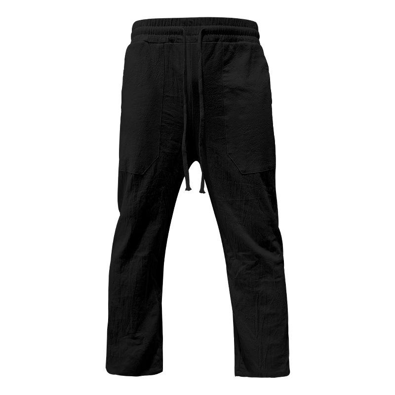 Men's cotton linen plus size trousers breathable sweat solid colour trousers basic paragraph casual wide-legged trousers man