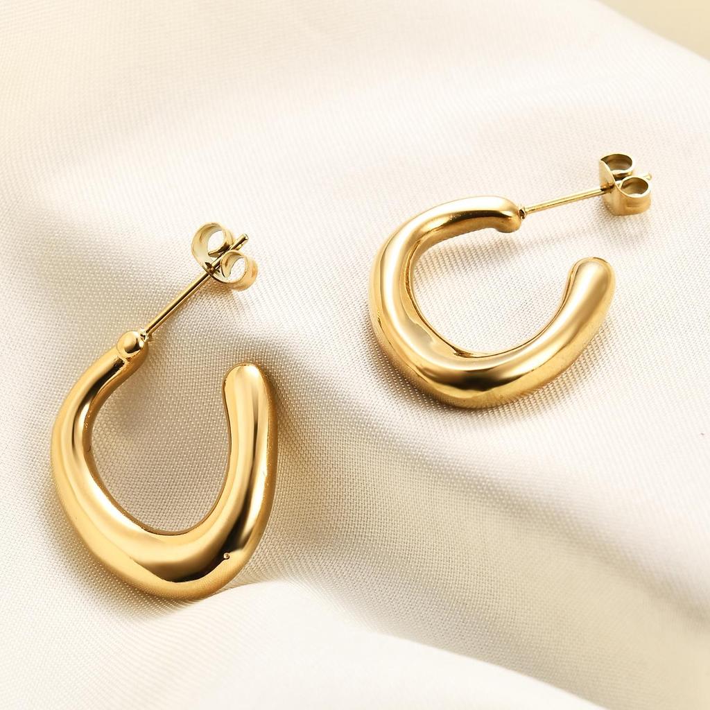 18K Gold U-Shaped Irregular Opening Stainless Steel Earrings - Simple Fashion