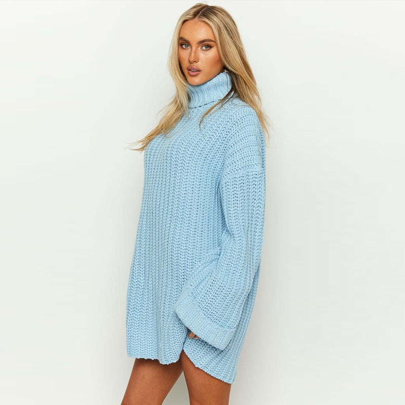 Casual Knitted Pullover Dress Women Turtleneck Long Sleeve Ribbed Female Sweater Autumn Winter Fashion Lady Warm Outwears