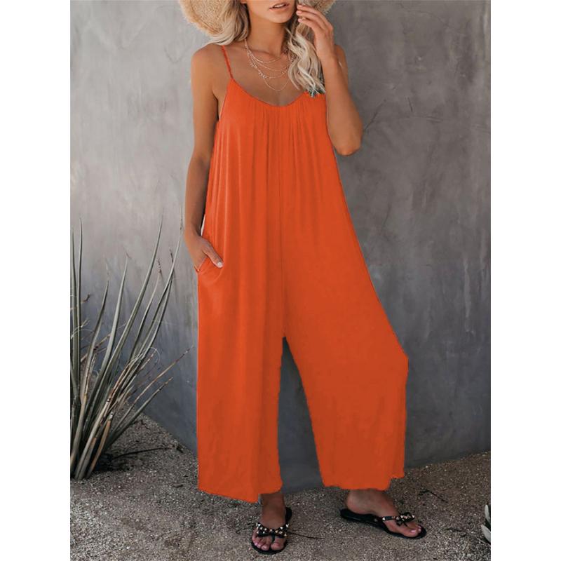 Women's V-Neck Spaghetti Strap Rompers Loose Wide Leg Long Jumpsuit With Pockets