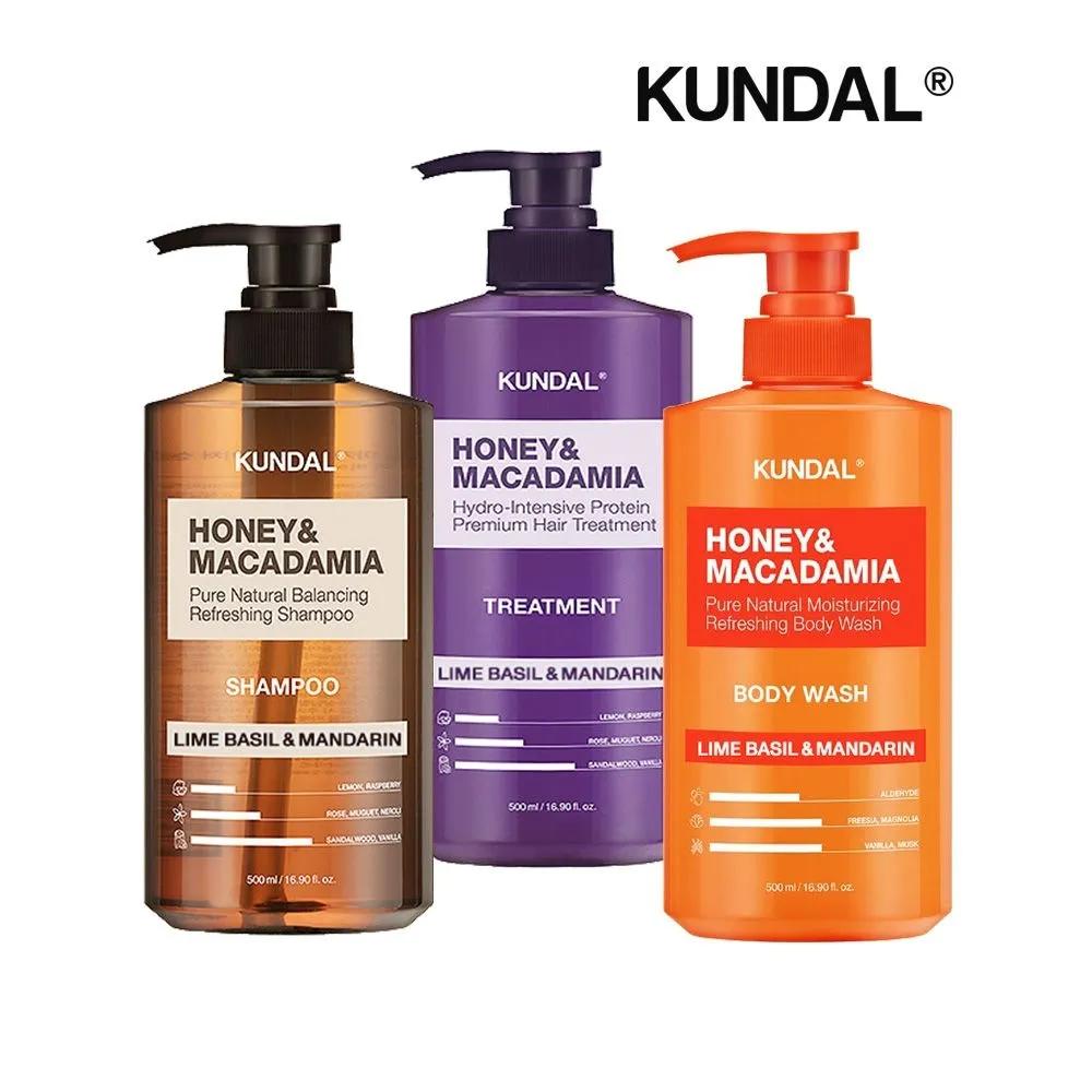 KUNDAL Honey & Macadamia Lime Basil & Mandarin Shampoo + Treatment + Body Wash 500ml Set