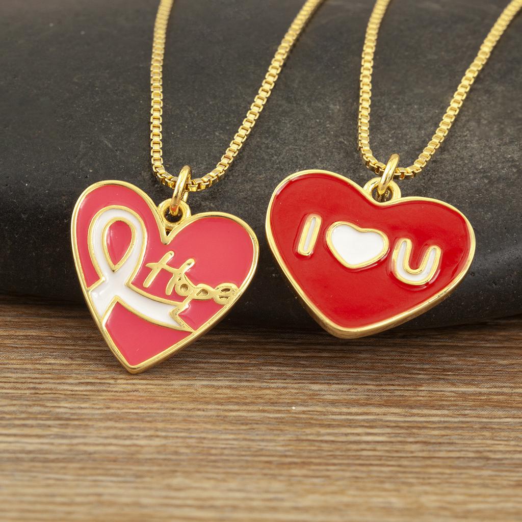 Nidin Simple Fashion Hope/I Love U Charm Pendant Necklace For Women Men Couples Heart Enamel Drip Oil Clavicle Chain Jewelry