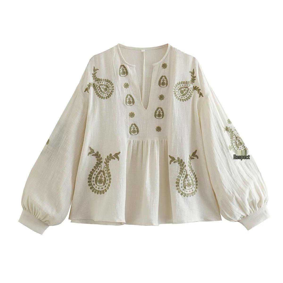 2025 Spring/Autumn Plus Size Embroidered V-neck Long-Sleeve Women’s Top - European & American Style S грязно-белый