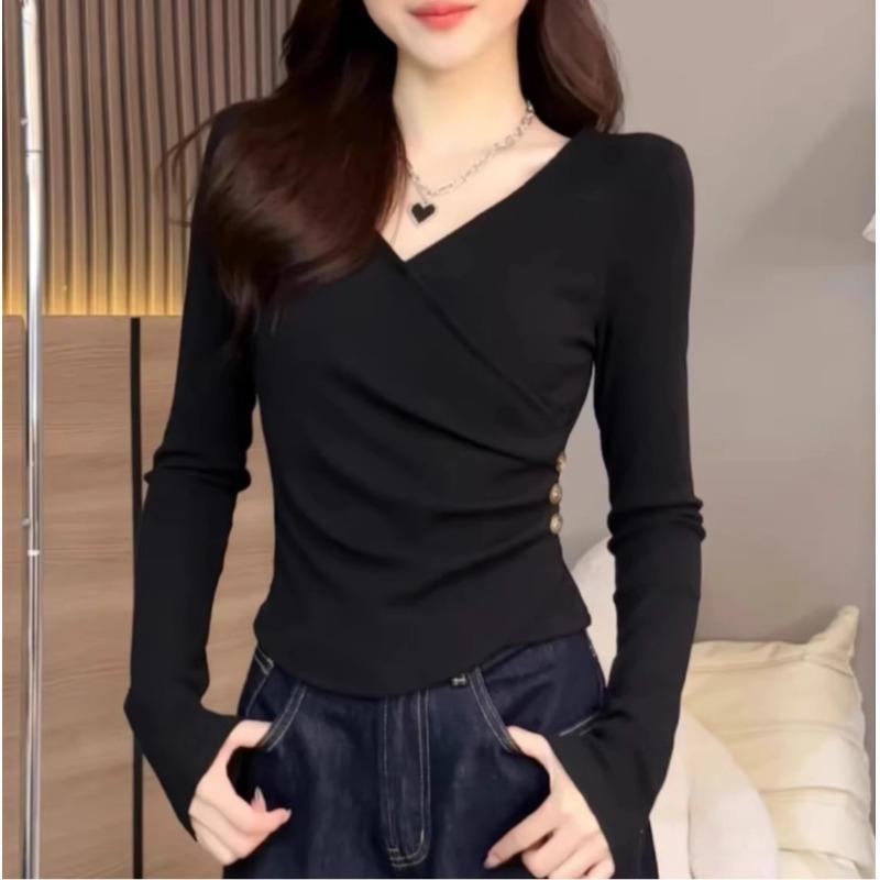 Spring Autumn V-neck Solid Color Folds T-shirt Women Long Sleeve Waist Tee All-match Pullovers Bottomed Top