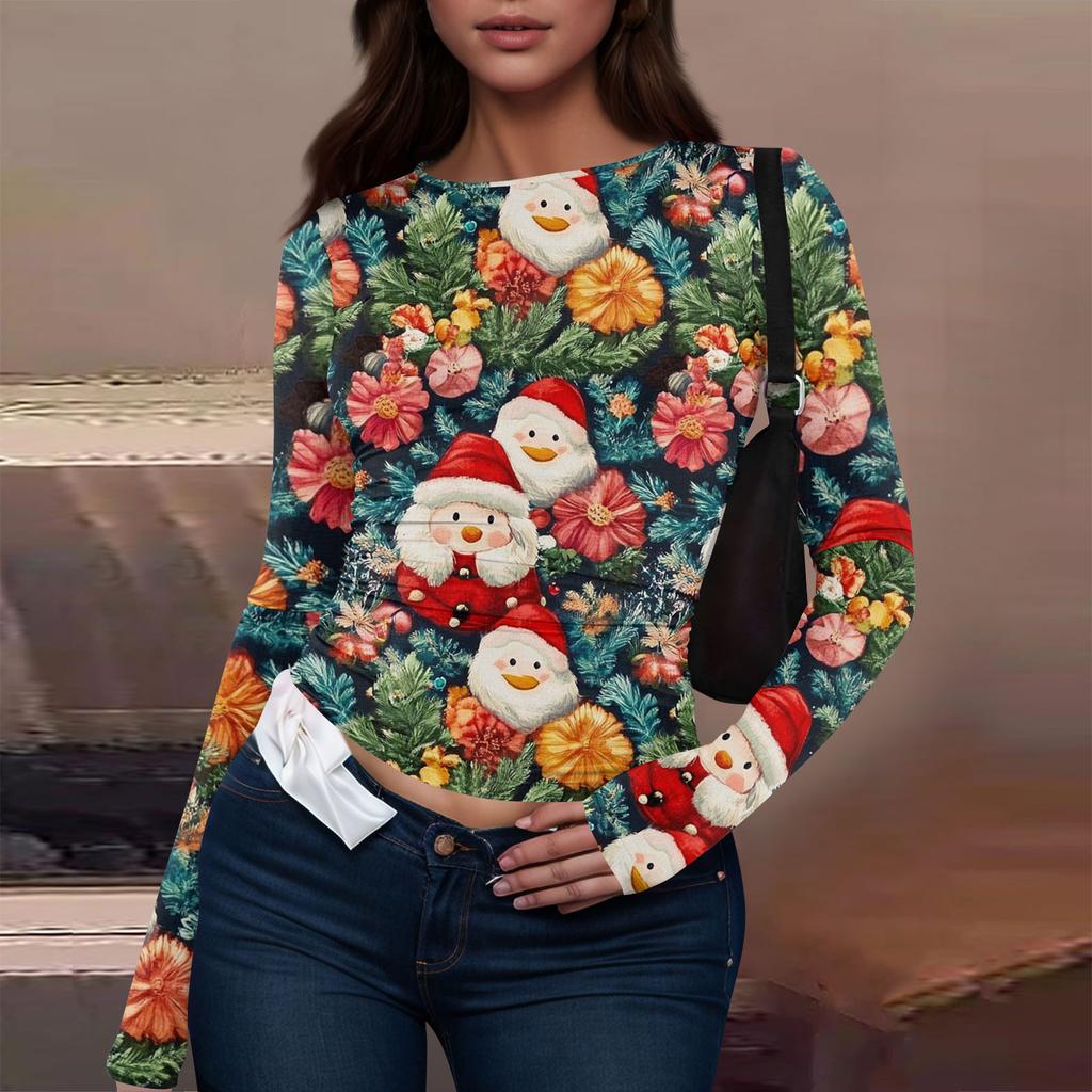 T-shirt à manches longues pour femme, mode décontractée, col rond, imprimé Noël