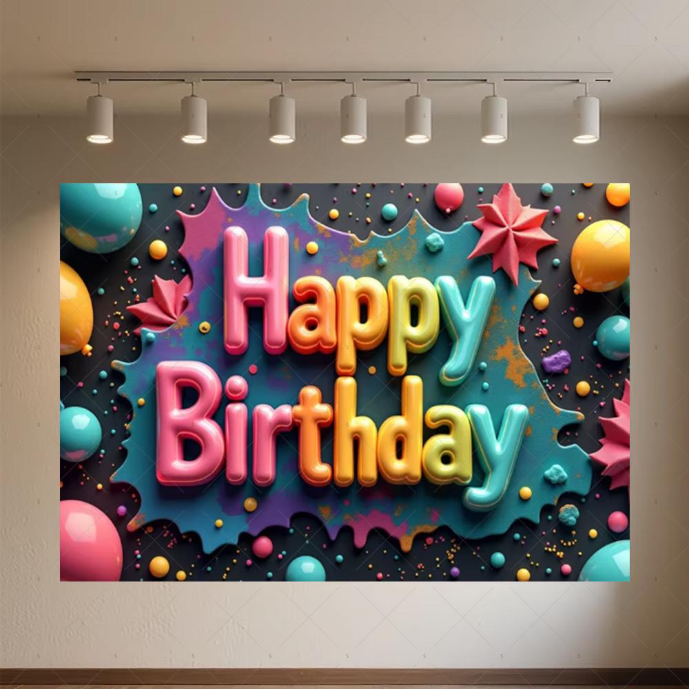 Colourful Happy Birthday Theme Backdrop Supplies 3D Ballon Background Banner Kids Birthday Party Decorations Photo Shoot Props