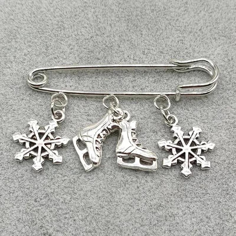 

Winter Ice Skate & Snowflake Charm Brooch Golden Silvery Safety Pin for Women Skating Lover Jewelry Style 1