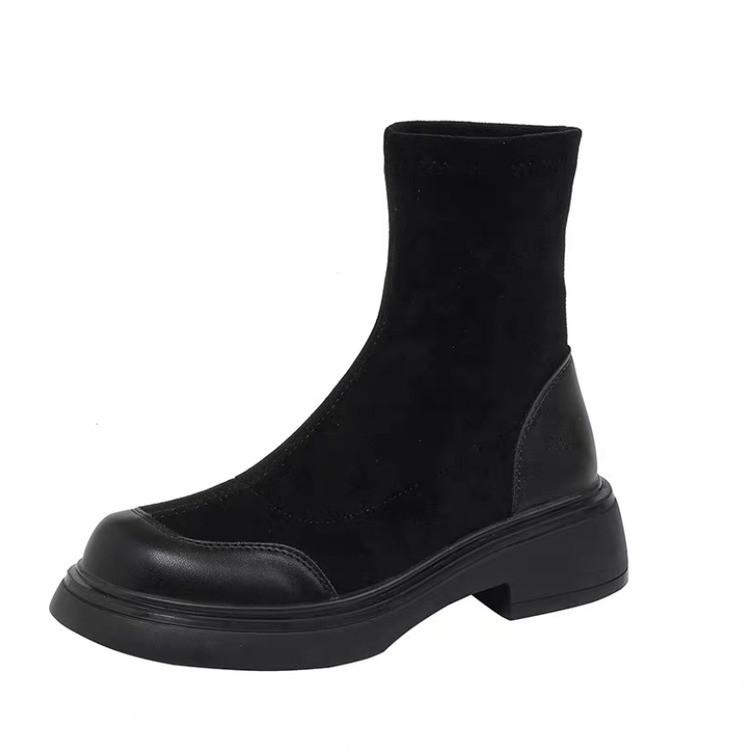 Retro Martin Boots Women's Autumn New Warm Versatile Thick-soled Thick-heeled Short Boots Elastic Thin Boots