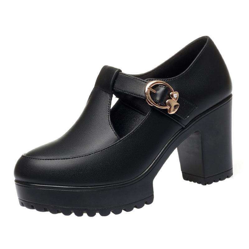 Scarpe Singole da Donna Primavera e Autunno Nuove Tacco Spesso Impermeabili Piattaforma Tacchi Alti Suola Spessa Scarpe in Pelle Nera Retrò Francese