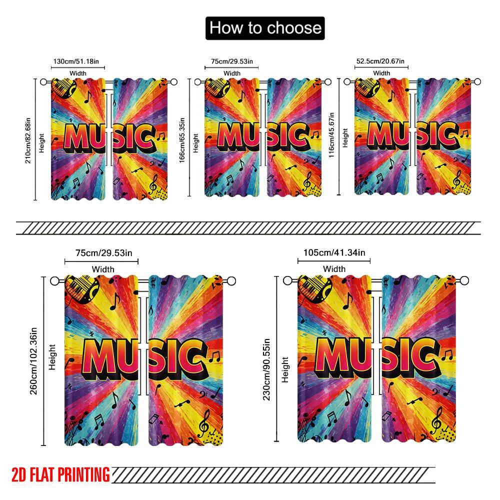 2pcs 2D Flat Printing Window Curtains Music Notes Guitar Instruments Polyester Without Electricity Festive Curtains for
