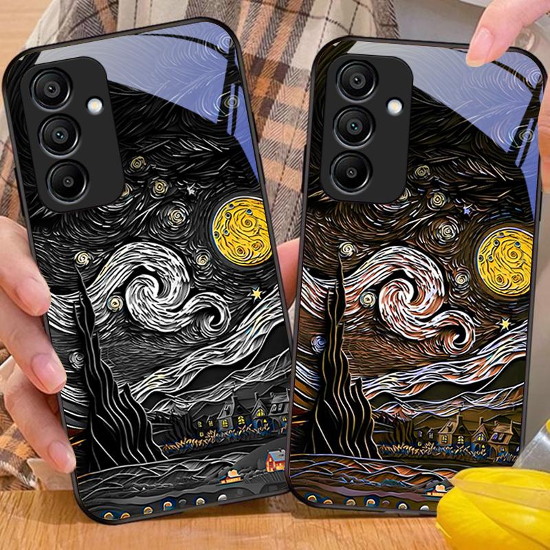 Retro Oil Painting For Samsung Galaxy A15 5G 54 4G 51 50 24 35 90 71 12 51 53 52S 80 22 34 Black Tempered Glass Phone Case