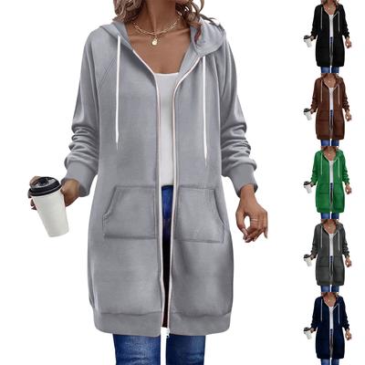 Damen Modische Locker sitzende Langarm-Freizeitjacke mit Reißverschluss-Kapuzenpullover
