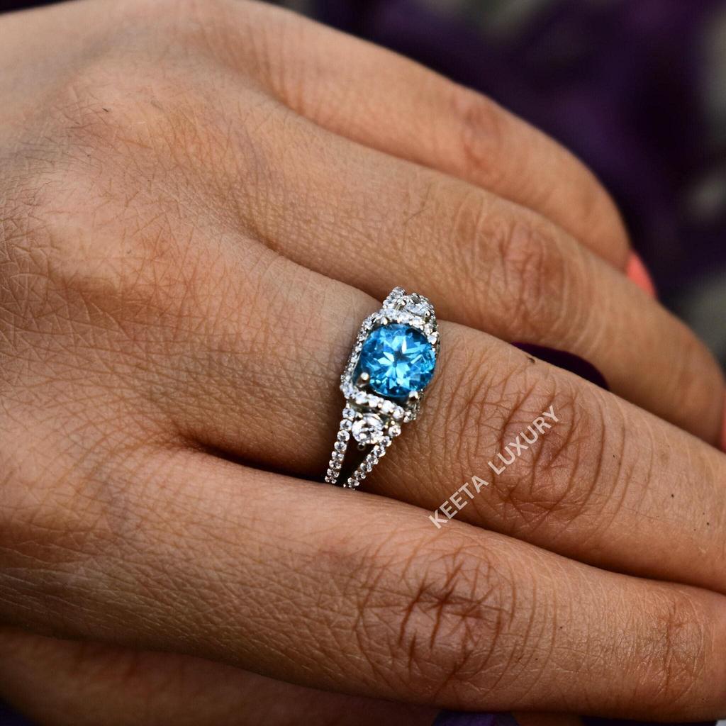 Vintage london Blue topaz ring Round cut, promise engagement ring, blue topaz ring 925 sterling silver , blue topaz halo rings for women