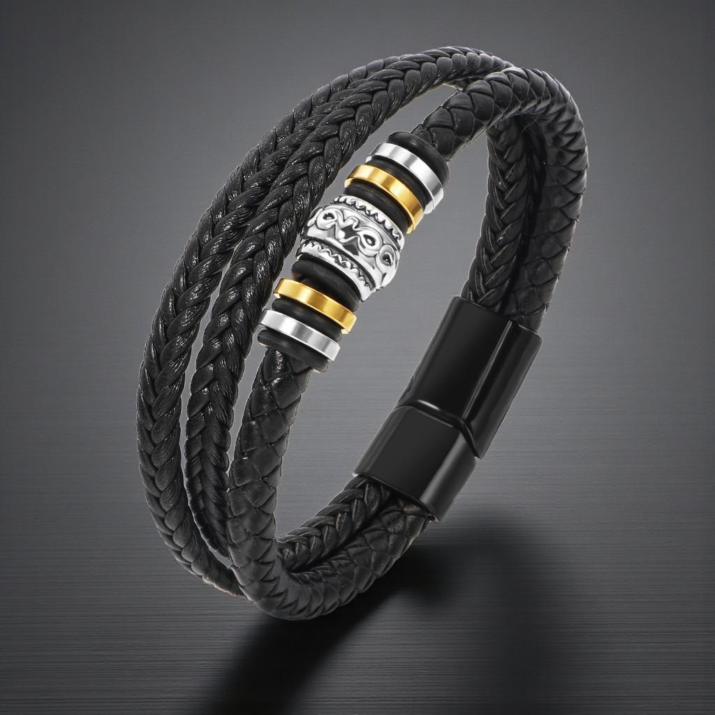 Men' Vintage Embossed Leather Bracelet Dark Brown