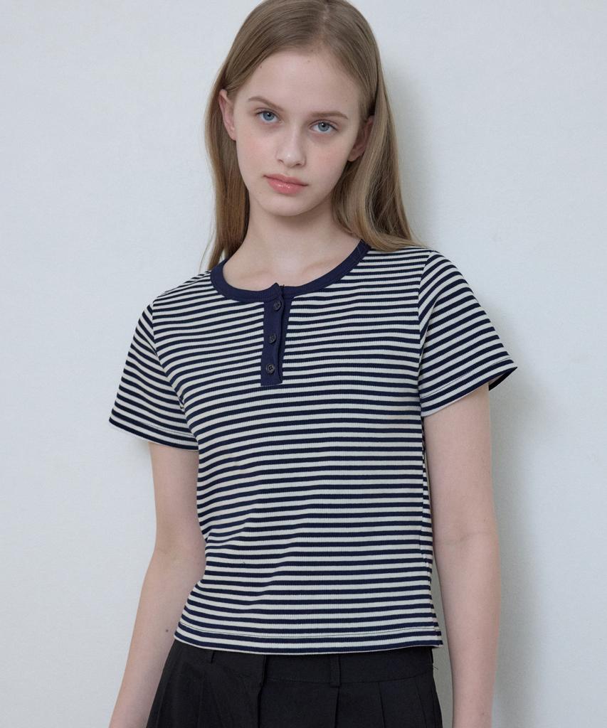 Wednesday Oasis For Woman Loewe Henley Neck Striped T-Shirt_Navy(W25-Tp24)