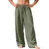Men's Linen Loose-fitting Casual Sports Pants With Pockets And Drawstring, Solid Color