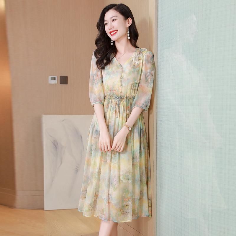 Silk print silk dress summer new adjustment waist seaside vacation silk dress