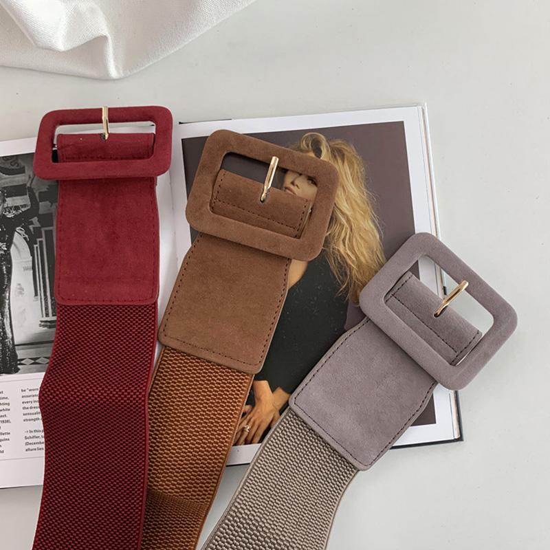 Fashion Suede Women Belt Slim Elastic Wide Belt Square Buckle Waistband Female Ladies Dress Coat Decoration Straps Cummerbund