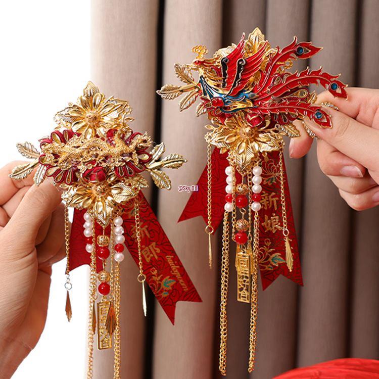 Dragon & Phoenix Wedding Corsage Set: 2 Corsages for Bride, Groom, & Parents