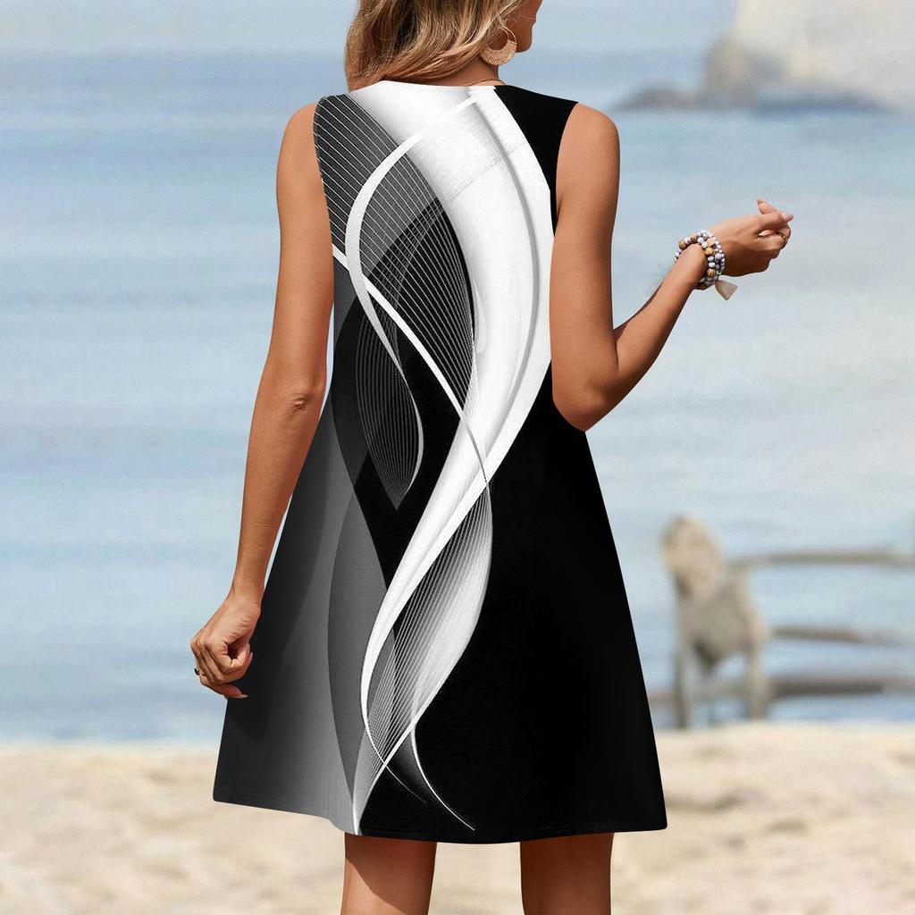 Canotta Estiva Senza Maniche Scollo a V con Tasca, Stampa Moda Donna, Abito Casual Largo