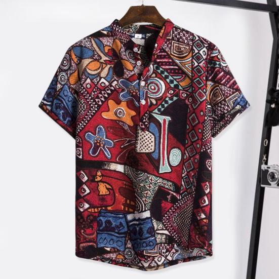 Men Beach Shirt Colorful Geometric Print Short Sleeves Buttons Turn-down Collar Cooling Loose Vintage Ethnic Men Shirt Men Clothes