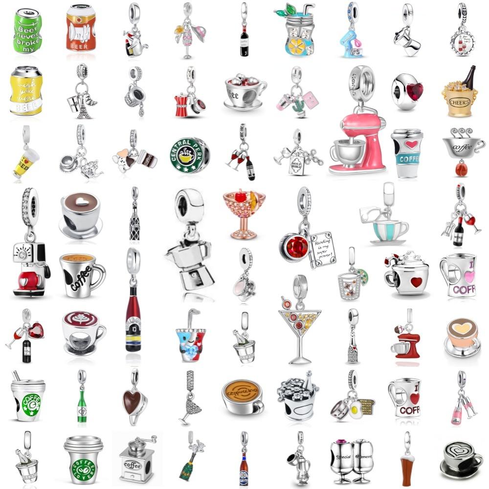 New 925 Silver Fine Coffee Cup Pendant Fit Original Bracelet Diy Jewelry Women Wine Glass Bottle Drink Charm Red Heart Clip Bead