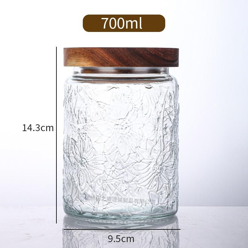 Ancient Peony Flower Relief Transparent Glass Storage Jar for Snacks, Tea Sealed Jar, Kitchen Storage Glass Bottle