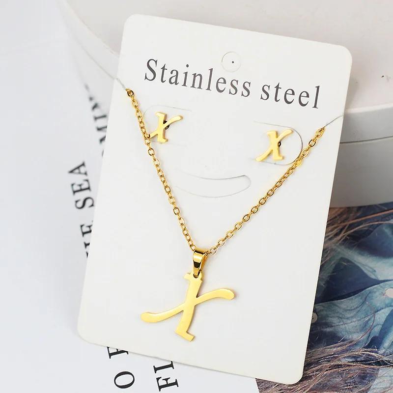 Stainless Steel Letter Necklace Bracelet Earring Zircon Set for Women Alphabet Pendant Necklace Party Gift