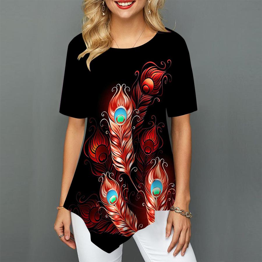 Mode O Hals 3D Feder Druck Unregelmäßiger Saum Lose Frauen T Shirt Tops Frühling Sommer Neue Damen Tragen Trendy Kleidung XS-8XL