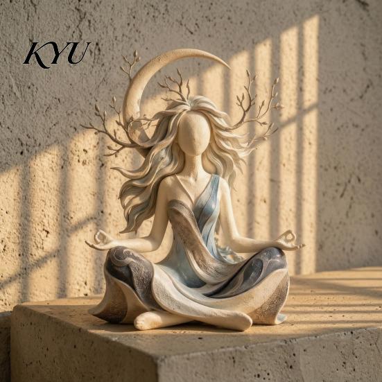 Posąg Wzrostu Duchowego Bogini Księżyca Medytacja Posąg z Żywicy, Figurka Jogi Zen, Elegancka Dekoracja Biurka Półksiężyc do Wystroju Domu, Prezent dla Zakochanych