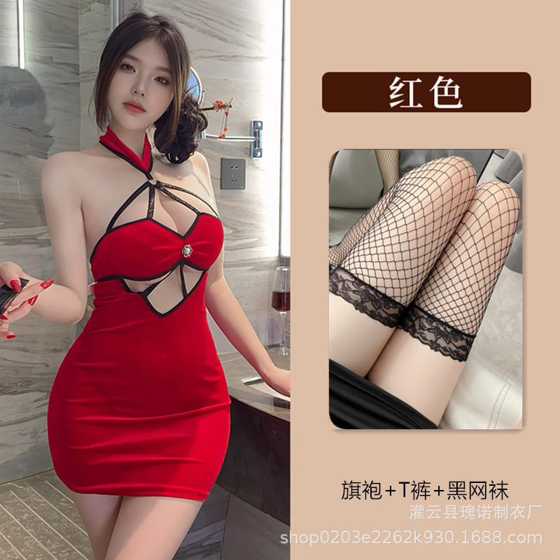 Sexy neck-hanging sex cheongsam large-scale free cheongsam flirting sex nightclub hottie tight hip-wrapped skirt
