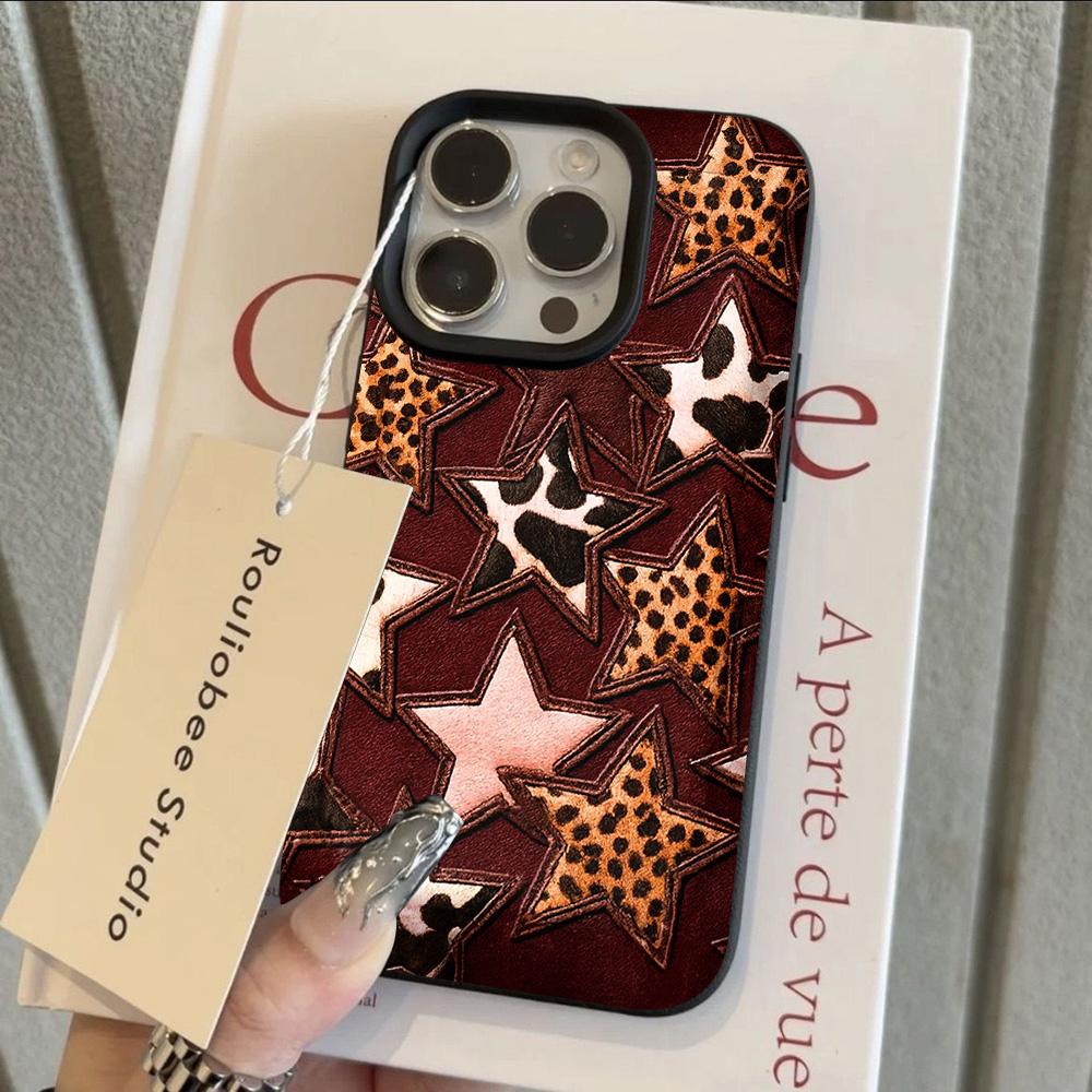 HOT Luxury Ins Colored Star Leopard Lichee Leather Phone Case For iPhone 17 16 15 14 13 12 11 Air Pro Max Plus X XR XSMax