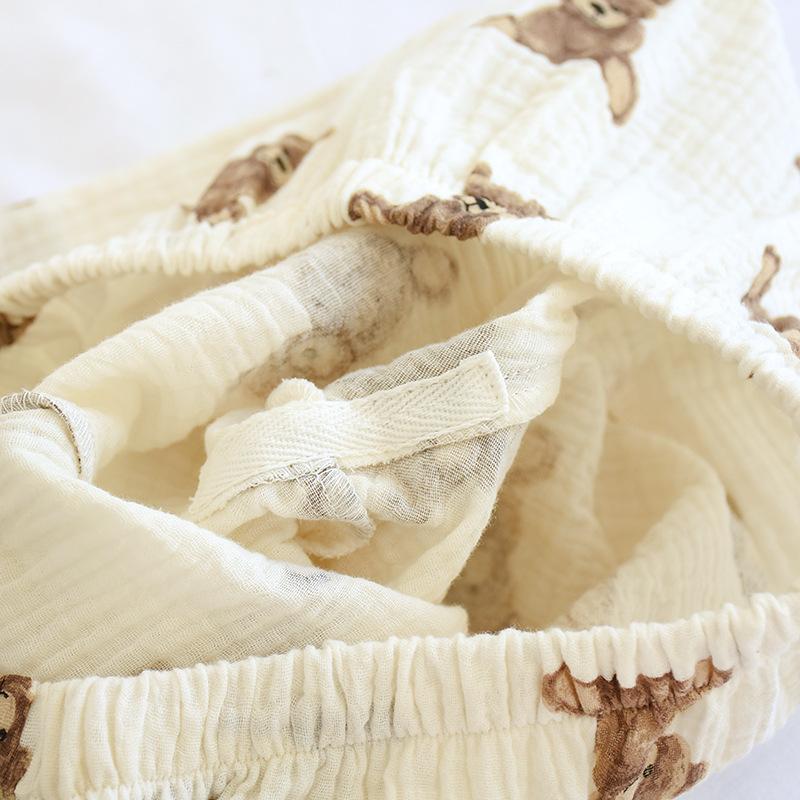 Women's Long-sleeved Trousers 100% Cotton Pajamas Double-layer Gauze Loungewear Crepe Breathable Cartoon Bear Print Pyjamas