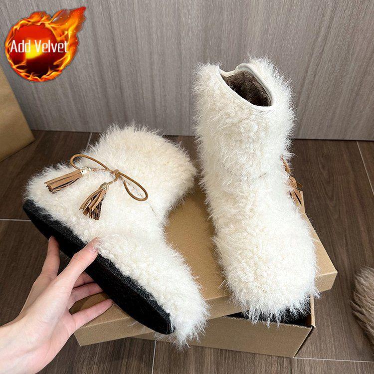 

Furry Flat Snow Boots for Women Round Toe Plush Woman Shoes Hot Autumn Winter Fashion Goth Footwear 2025 Novelty Booties Sale 35