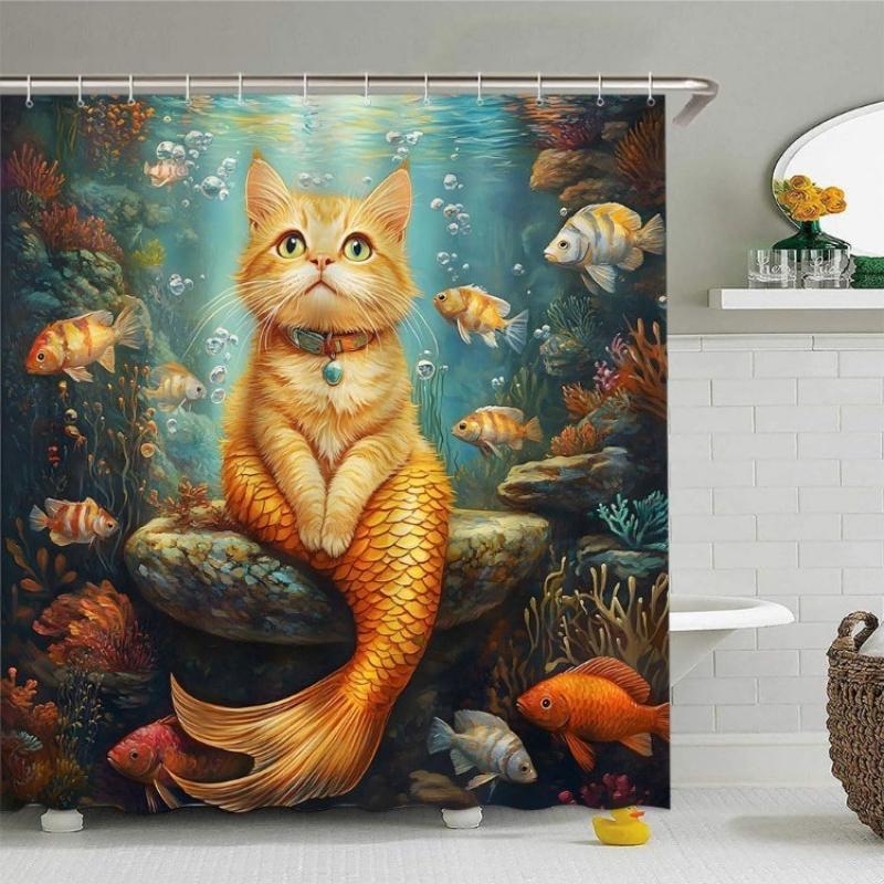 

Funny Cat Mermaid Shower Curtain Nautical Tropical Fish Sexy Rustic Cats Kitty Pet Underwater Farmhouse Animal Creative Unique W60H190(CM)-1 Pcs