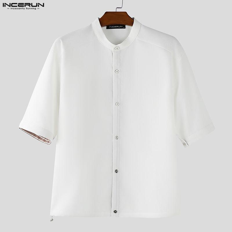 INCERUN Oversized Men Casual Loose Half Sleeve Striped Patchwork Buttons Up Shirts