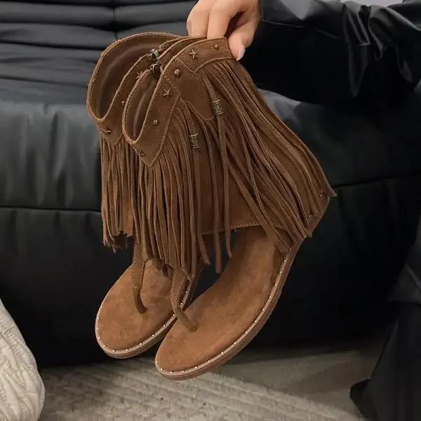 Studded Sandals Fashion Women's Shoes Flip Flops Low Heel Tassel Summer Roman Shoes Luxury Corrective Tassel Boots New Style