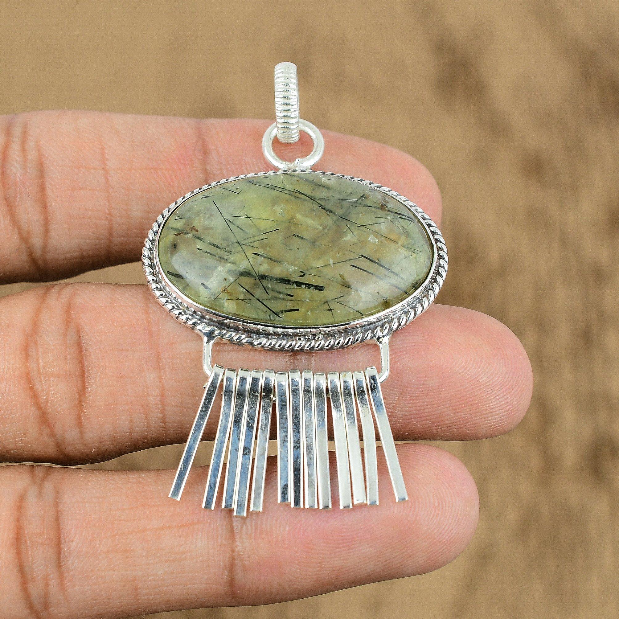 

Mothers day Deal 925 Sterling Silver Oval Moss Prehnite Stone Art Deco Pendant
