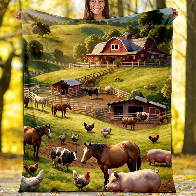 Farm Animals Countryside Scenery Fleece Printed Flannel Blanket, Warm Soft Throw Sofa Bed Blanket 80cm x 120cm