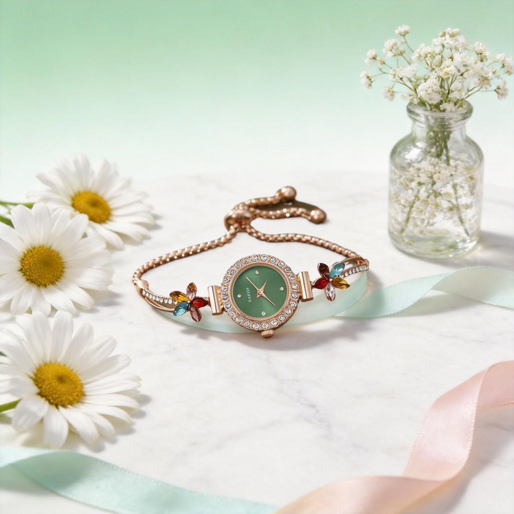 Small Fresh Floral Quartz Watch For Women With Diamond Embellishments And Alloy Strap