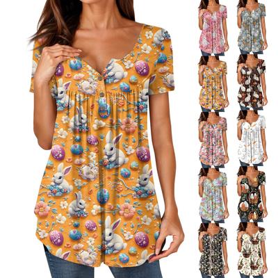 Women's Tunic Tops Dressy Casual Summer Printed  Short Sleeve Shirts Loose Fit Pleated Boho Top