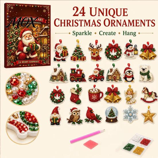 Decorative Christmas Art for Family Ornament Advent Calendar, Faux Diamond DIY Kit, Sparkling Ornaments Hanging Holiday Tree Mantel Decor Festive