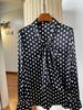 Women's Black and White Polka Dot Long Sleeve Ribbon Silk Top